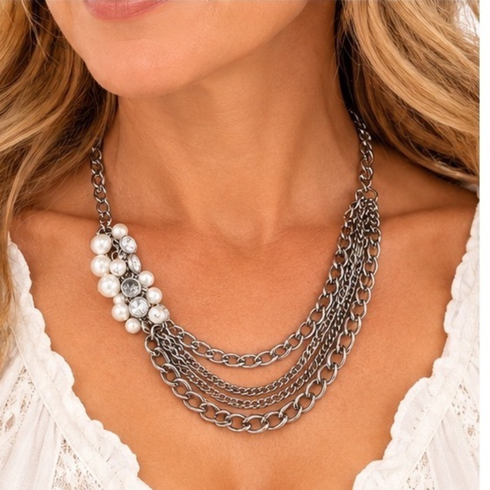 Gunmetal Multi Strand Pearlized bead Cluster Crystal Necklace 20"